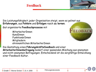 Feedback Die Leistungsfähigkeit jeder Organisation steigt, wenn es gelingt aus  Erfahrungen , aus  Fehlern  und  Erfolgen  rasch  zu lernen . Gut organisierte  Feedbackprozesse  mit MitarbeiterInnen KundInnen FunktionärInnen Mitgliedern ehrenamtlichen MitarbeiterInnen Die Gestaltung eines  Führungskräftefeedback  und einer  MitarbeiterInnenbefragung  bedarf einer passenden Mischung aus anonymen und nicht-anonymen Befragungen. Entscheidend ist die sorgfältige Entwicklung einer Feedback-Kultur. 