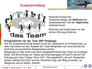 Teamentwicklung Passende Formen der Teamentwicklung, der  Reflexion  der Zusammenarbeit und der  Supervision  implementieren. Reflexion und Supervision vor der ersten Störung einführen. Erfolgsfaktoren für das Team (GfP-Erhebung): Auf die Zusammensetzung kommt es an! Die Teamarbeit ist erfolgreicher, je mehr man schon bei der Auswahl der Team-Mitglieder auf unterschiedliche fachliche und persönliche Kompetenzen achtet. Notwendig ist aber auch eine klare Aufgabenformulierung. Noch ein wichtiger Punkt: Die Einrichtung von Teams und Arbeitsgruppen ist kein Freibrief für Führung nach dem "Laisser-faire-Stil". Führungskräfte, die auf Teamarbeit setzen, können sich nicht aus der Verantwortung, den Weg zu weisen, zu delegieren und zu lenken, stehlen. 