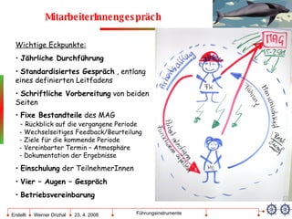 MitarbeiterInnengespräch Wichtige Eckpunkte: Jährliche Durchführung Standardisiertes Gespräch  , entlang eines definierten Leitfadens Schriftliche Vorbereitung  von beiden Seiten Fixe Bestandteile  des MAG   -  Rückblick auf die vergangene Periode   - Wechselseitiges Feedback/Beurteilung   - Ziele für die kommende Periode   - Vereinbarter Termin – Atmosphäre   - Dokumentation der Ergebnisse Einschulung  der TeilnehmerInnen Vier – Augen – Gespräch Betriebsvereinbarung 