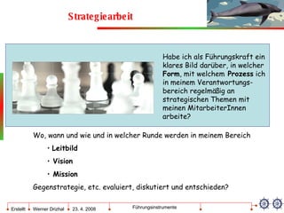 Strategiearbeit Habe ich als Führungskraft ein klares Bild darüber, in welcher  Form , mit welchem  Prozess  ich in meinem Verantwortungs-bereich regelmäßig an strategischen Themen mit meinen MitarbeiterInnen arbeite? Wo, wann und wie und in welcher Runde werden in meinem Bereich Leitbild Vision Mission Gegenstrategie, etc. evaluiert, diskutiert und entschieden? 