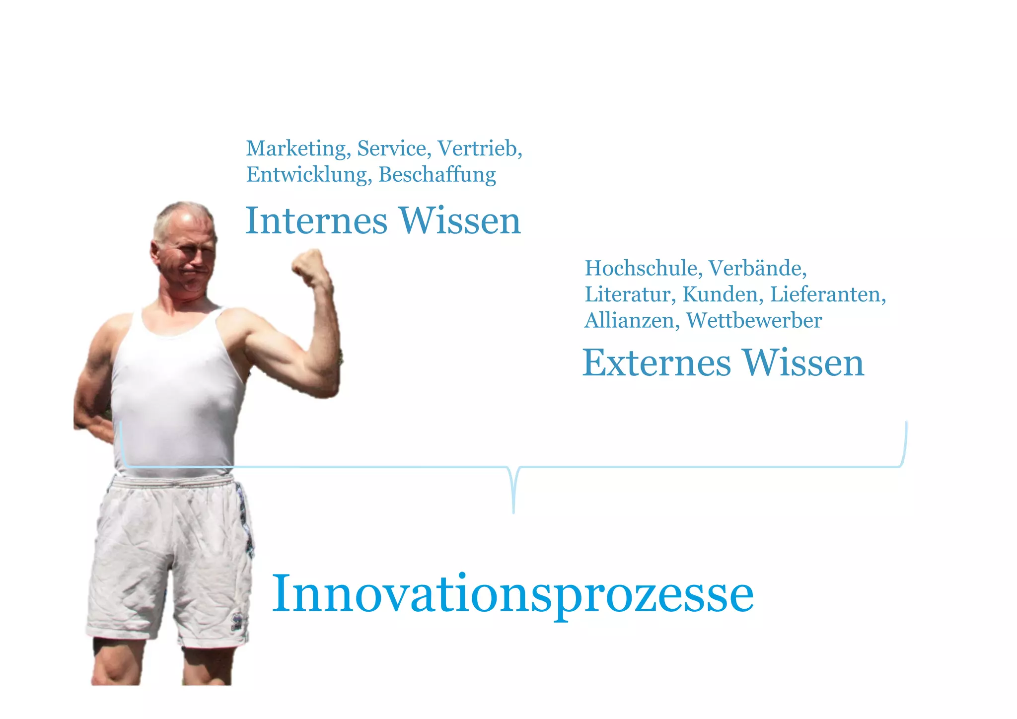Marketing, Service, Vertrieb,
Entwicklung, Beschaffung

Internes Wissen
                                Hochschule, Verbände,
                                Literatur, Kunden, Lieferanten,
                                Allianzen, Wettbewerber

                                Externes Wissen




  Innovationsprozesse
 