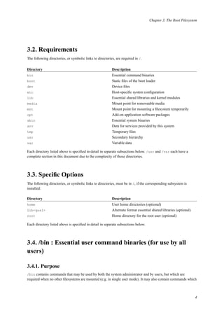 Chapter 3. The Root Filesystem
3.2. Requirements
The following directories, or symbolic links to directories, are required in /.
Directory Description
bin Essential command binaries
boot Static ﬁles of the boot loader
dev Device ﬁles
etc Host-speciﬁc system conﬁguration
lib Essential shared libraries and kernel modules
media Mount point for removeable media
mnt Mount point for mounting a ﬁlesystem temporarily
opt Add-on application software packages
sbin Essential system binaries
srv Data for services provided by this system
tmp Temporary ﬁles
usr Secondary hierarchy
var Variable data
Each directory listed above is speciﬁed in detail in separate subsections below. /usr and /var each have a
complete section in this document due to the complexity of those directories.
3.3. Speciﬁc Options
The following directories, or symbolic links to directories, must be in /, if the corresponding subsystem is
installed:
Directory Description
home User home directories (optional)
lib<qual> Alternate format essential shared libraries (optional)
root Home directory for the root user (optional)
Each directory listed above is speciﬁed in detail in separate subsections below.
3.4. /bin : Essential user command binaries (for use by all
users)
3.4.1. Purpose
/bin contains commands that may be used by both the system administrator and by users, but which are
required when no other ﬁlesystems are mounted (e.g. in single user mode). It may also contain commands which
4
 