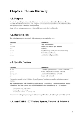 Chapter 4. The /usr Hierarchy
4.1. Purpose
/usr is the second major section of the ﬁlesystem. /usr is shareable, read-only data. That means that /usr
should be shareable between various FHS-compliant hosts and must not be written to. Any information that is
host-speciﬁc or varies with time is stored elsewhere.
Large software packages must not use a direct subdirectory under the /usr hierarchy.
4.2. Requirements
The following directories, or symbolic links to directories, are required in /usr.
Directory Description
bin Most user commands
include Header ﬁles included by C programs
lib Libraries
local Local hierarchy (empty after main installation)
sbin Non-vital system binaries
share Architecture-independent data
4.3. Speciﬁc Options
Directory Description
X11R6 XWindow System, version 11 release 6 (optional)
games Games and educational binaries (optional)
lib<qual> Alternate Format Libraries (optional)
src Source code (optional)
An exception is made for the X Window System because of considerable precedent and widely-accepted
practice.
The following symbolic links to directories may be present. This possibility is based on the need to preserve
compatibility with older systems until all implementations can be assumed to use the /var hierarchy.
/usr/spool -> /var/spool
/usr/tmp -> /var/tmp
/usr/spool/locks -> /var/lock
Once a system no longer requires any one of the above symbolic links, the link may be removed, if desired.
4.4. /usr/X11R6 : X Window System, Version 11 Release 6
18
 