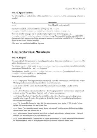 Chapter 4. The /usr Hierarchy
4.11.4.2. Speciﬁc Options
The following ﬁles, or symbolic links to ﬁles, must be in /usr/share/dict, if the corresponding subsystem is
installed:
File Description
words List of English words (optional)
Sites that require both American and British spelling may link words to
/usr/share/dict/american-english or /usr/share/dict/british-english.
Word lists for other languages may be added using the English name for that language, e.g.,
/usr/share/dict/french, /usr/share/dict/danish, etc. These should, if possible, use an ISO 8859
character set which is appropriate for the language in question; if possible the Latin1 (ISO 8859-1) character set
should be used (this is often not possible).
Other word lists must be included here, if present.
4.11.5. /usr/share/man : Manual pages
4.11.5.1. Purpose
This section details the organization for manual pages throughout the system, including /usr/share/man. Also
refer to the section on /var/cache/man.
The primary <mandir> of the system is /usr/share/man. /usr/share/man contains manual information for
commands and data under the / and /usr ﬁlesystems. 11
Manual pages are stored in <mandir>/<locale>/man<section>/<arch>. An explanation of <mandir>,
<locale>, <section>, and <arch> is given below.
A description of each section follows:
• man1: User programs Manual pages that describe publicly accessible commands are contained in this chapter.
Most program documentation that a user will need to use is located here.
• man2: System calls This section describes all of the system calls (requests for the kernel to perform
operations).
• man3: Library functions and subroutines Section 3 describes program library routines that are not direct calls
to kernel services. This and chapter 2 are only really of interest to programmers.
• man4: Special ﬁles Section 4 describes the special ﬁles, related driver functions, and networking support
available in the system. Typically, this includes the device ﬁles found in /dev and the kernel interface to
networking protocol support.
• man5: File formats The formats for many data ﬁles are documented in the section 5. This includes various
include ﬁles, program output ﬁles, and system ﬁles.
• man6: Games This chapter documents games, demos, and generally trivial programs. Different people have
various notions about how essential this is.
• man7: Miscellaneous Manual pages that are difﬁcult to classify are designated as being section 7. The troff
and other text processing macro packages are found here.
• man8: System administration Programs used by system administrators for system operation and maintenance
are documented here. Some of these programs are also occasionally useful for normal users.
24
 