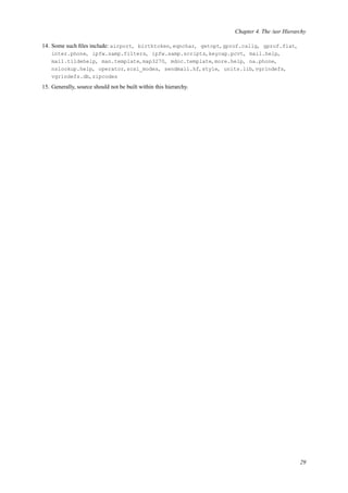 Chapter 4. The /usr Hierarchy
14. Some such ﬁles include: airport, birthtoken, eqnchar, getopt, gprof.callg, gprof.flat,
inter.phone, ipfw.samp.filters, ipfw.samp.scripts, keycap.pcvt, mail.help,
mail.tildehelp, man.template, map3270, mdoc.template, more.help, na.phone,
nslookup.help, operator, scsi_modes, sendmail.hf, style, units.lib, vgrindefs,
vgrindefs.db, zipcodes
15. Generally, source should not be built within this hierarchy.
29
 
