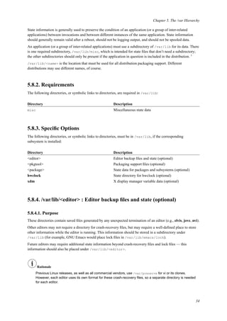 Chapter 5. The /var Hierarchy
State information is generally used to preserve the condition of an application (or a group of inter-related
applications) between invocations and between different instances of the same application. State information
should generally remain valid after a reboot, should not be logging output, and should not be spooled data.
An application (or a group of inter-related applications) must use a subdirectory of /var/lib for its data. There
is one required subdirectory, /var/lib/misc, which is intended for state ﬁles that don’t need a subdirectory;
the other subdirectories should only be present if the application in question is included in the distribution. 3
/var/lib/<name> is the location that must be used for all distribution packaging support. Different
distributions may use different names, of course.
5.8.2. Requirements
The following directories, or symbolic links to directories, are required in /var/lib:
Directory Description
misc Miscellaneous state data
5.8.3. Speciﬁc Options
The following directories, or symbolic links to directories, must be in /var/lib, if the corresponding
subsystem is installed:
Directory Description
<editor> Editor backup ﬁles and state (optional)
<pkgtool> Packaging support ﬁles (optional)
<package> State data for packages and subsystems (optional)
hwclock State directory for hwclock (optional)
xdm X display manager variable data (optional)
5.8.4. /var/lib/<editor> : Editor backup ﬁles and state (optional)
5.8.4.1. Purpose
These directories contain saved ﬁles generated by any unexpected termination of an editor (e.g., elvis, jove, nvi).
Other editors may not require a directory for crash-recovery ﬁles, but may require a well-deﬁned place to store
other information while the editor is running. This information should be stored in a subdirectory under
/var/lib (for example, GNU Emacs would place lock ﬁles in /var/lib/emacs/lock).
Future editors may require additional state information beyond crash-recovery ﬁles and lock ﬁles — this
information should also be placed under /var/lib/<editor>.
Rationale
Previous Linux releases, as well as all commercial vendors, use /var/preserve for vi or its clones.
However, each editor uses its own format for these crash-recovery ﬁles, so a separate directory is needed
for each editor.
34
 