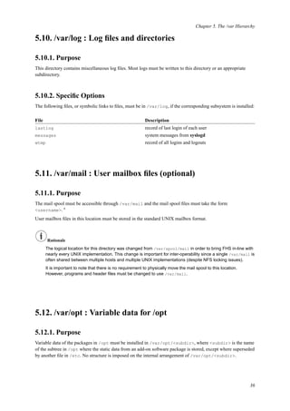 Chapter 5. The /var Hierarchy
5.10. /var/log : Log ﬁles and directories
5.10.1. Purpose
This directory contains miscellaneous log ﬁles. Most logs must be written to this directory or an appropriate
subdirectory.
5.10.2. Speciﬁc Options
The following ﬁles, or symbolic links to ﬁles, must be in /var/log, if the corresponding subsystem is installed:
File Description
lastlog record of last login of each user
messages system messages from syslogd
wtmp record of all logins and logouts
5.11. /var/mail : User mailbox ﬁles (optional)
5.11.1. Purpose
The mail spool must be accessible through /var/mail and the mail spool ﬁles must take the form
<username>. 6
User mailbox ﬁles in this location must be stored in the standard UNIX mailbox format.
Rationale
The logical location for this directory was changed from /var/spool/mail in order to bring FHS in-line with
nearly every UNIX implementation. This change is important for inter-operability since a single /var/mail is
often shared between multiple hosts and multiple UNIX implementations (despite NFS locking issues).
It is important to note that there is no requirement to physically move the mail spool to this location.
However, programs and header ﬁles must be changed to use /var/mail.
5.12. /var/opt : Variable data for /opt
5.12.1. Purpose
Variable data of the packages in /opt must be installed in /var/opt/<subdir>, where <subdir> is the name
of the subtree in /opt where the static data from an add-on software package is stored, except where superseded
by another ﬁle in /etc. No structure is imposed on the internal arrangement of /var/opt/<subdir>.
36
 