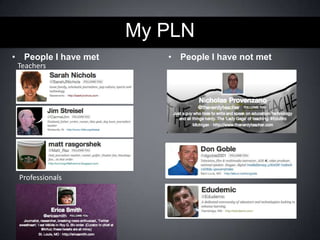 My PLN
• People I have met
Teachers

Professionals

• People I have not met

 