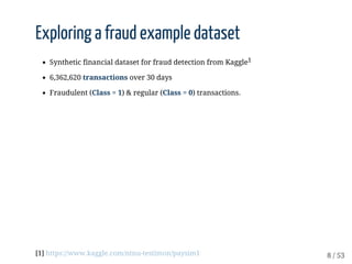Exploring	a	fraud	example	dataset
Synthetic	financial	dataset	for	fraud	detection	from	Kaggle1
6,362,620	transactions	over...