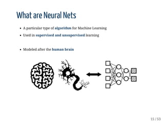 What	are	Neural	Nets
A	particular	type	of	algorithm	for	Machine	Learning
Used	in	supervised	and	unsupervised	learning
Mode...