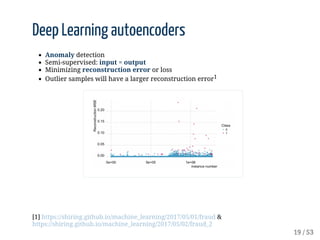 Deep	Learning	autoencoders
Anomaly	detection
Semi-supervised:	input	=	output
Minimizing	reconstruction	error	or	loss
Outli...