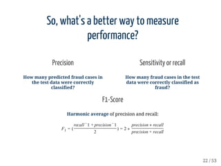 Precision
How	many	predicted	fraud	cases	in
the	test	data	were	correctly
classified?
Sensitivity	or	recall
How	many	fraud	...