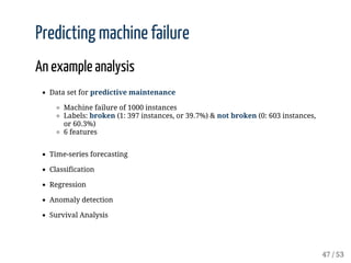 Time-series	forecasting
Classification
Regression
Anomaly	detection
Survival	Analysis
Predicting	machine	failure
An	exampl...