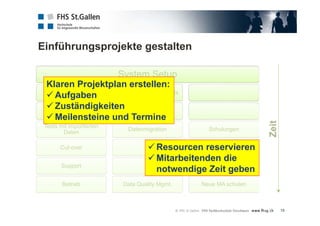 System Setup
Konfiguration und
Customizing
Funktionstests mit
Testdaten
Tests mit importierten
Daten
Cut-over
Support
Betrieb
Dokumente und Reports
Datenmigration
Datenmigration
Data Quality Mgmt.
Schulungen
Neue MA schulen
Einführungsprojekte gestalten
19
 Resourcen reservieren
 Mitarbeitenden die
notwendige Zeit geben
Klaren Projektplan erstellen:
 Aufgaben
 Zuständigkeiten
 Meilensteine und Termine
 