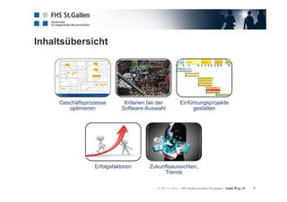 Inhaltsübersicht
3
Geschäftsprozesse
optimieren
Kriterien bei der
Software-Auswahl
Einführungsprojekte
gestalten
Erfolgsfaktoren Zukunftsaussichten,
Trends
 