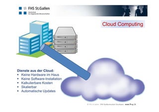 Cloud Computing
Dienste aus der Cloud:
 Keine Hardware im Haus
 Keine Software-Installation
 Kalkulierbare Kosten
 Skalierbar
 Automatische Updates
 