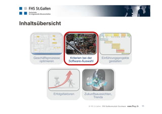 Inhaltsübersicht
11
Geschäftsprozesse
optimieren
Kriterien bei der
Software-Auswahl
Einführungsprojekte
gestalten
Erfolgsfaktoren Zukunftsaussichten,
Trends
 