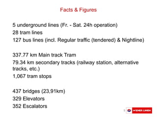 Austausch Basler Verkehrsbetriebe 5
Facts & Figures
5 underground lines (Fr. - Sat. 24h operation)
28 tram lines
127 bus lines (incl. Regular traffic (tendered) & Nightline)
337.77 km Main track Tram
79.34 km secondary tracks (railway station, alternative
tracks, etc.)
1,067 tram stops
437 bridges (23,91km)
329 Elevators
352 Escalators
 