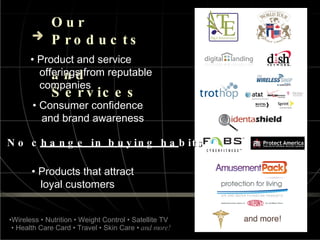 Our Products  and Services • Wireless • Nutrition • Weight Control • Satellite TV •  Health Care Card • Travel • Skin Care •  and more! •  Product and service offerings from reputable companies •  Consumer confidence and brand awareness •  No change in buying habits •  Products that attract loyal customers 