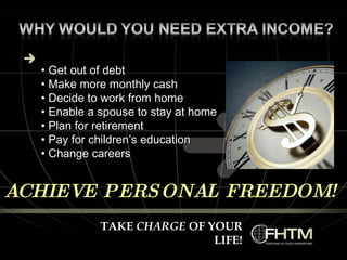 Get out of debt Make more monthly cash Decide to work from home Enable a spouse to stay at home Plan for retirement Pay for children’s education Change careers ACHIEVE PERSONAL FREEDOM! TAKE  CHARGE  OF YOUR LIFE! 