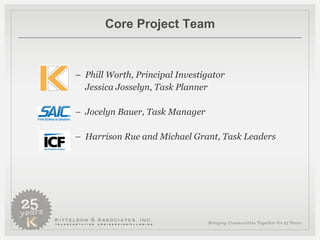 Core Project Team Phill Worth, Principal Investigator Jessica Josselyn, Task Planner Jocelyn Bauer, Task Manager  Harrison Rue and Michael Grant, Task Leaders 