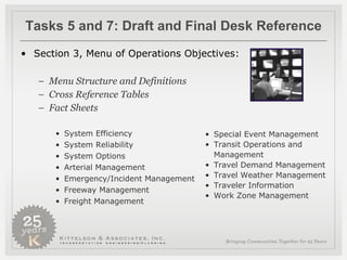 Tasks 5 and 7: Draft and Final Desk Reference Section 3, Menu of Operations Objectives: Menu Structure and Definitions Cross Reference Tables Fact Sheets System Efficiency System Reliability System Options Arterial Management Emergency/Incident Management Freeway Management Freight Management Special Event Management Transit Operations and  Management Travel Demand Management Travel Weather Management Traveler Information Work Zone Management 