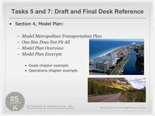 Tasks 5 and 7: Draft and Final Desk Reference Section 4, Model Plan: Model Metropolitan Transportation Plan One Size Does Not Fit All Model Plan Overview Model Plan Excerpts Goals chapter example Operations chapter example 