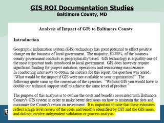 GIS ROI Documentation Studies
Baltimore County, MD
 