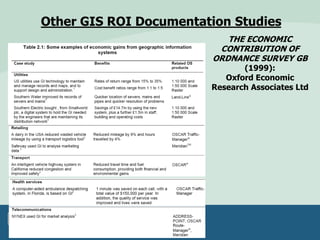 THE ECONOMIC
CONTRIBUTION OF
ORDNANCE SURVEY GB
(1999):
Oxford Economic
Research Associates Ltd
Other GIS ROI Documentation Studies
 