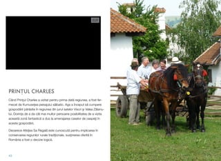 PRIN"UL CHARLES
Când Prin)ul Charles a vizitat pentru prima dat" regiunea, a fost fer-
mecat de frumuse#ea peisajului s"lbatic. A(a a început s" cumpere
gospod"rii p"r"site în regiunea din jurul satelor Viscri (i Valea Z"lanu-
lui. Dorin)a de a da cât mai multor persoane posibilitatea de a vizita
aceast" zon" fantastic" a dus la amenajarea caselor de oaspe)i în
aceste gospod"rii.
Deoarece Alte)ea Sa Regal" este cunoscut" pentru implicarea în
conservarea regiunilor rurale tradi)ionale, sus)inerea oferit" în
România a fost o decizie logic".
43
 