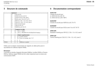 FHX40 - FR

KA00202F/00/C4/14.12
71197764

5

Structure de commande
Agrément
A
zone non Ex
2
ATEX II 2G Ex ia IIC T6
3
ATEX II 2D Ex ia IIIC T80°C
G
IECEx zone 1 Ex ia IIC T6/T5
S
FM IS Cl. I Div. 1 Gr.s A-D, zone 0
U
CSA IS Cl. I Div. 1 Gr. A-D, zone 0
N
CSA General Purpose
K
TIIS Ex ia IIC T6
C
NEPSI Ex ia IIC T6/T5
Longueur de câble
1
20 m (> HART)
5
20 m (> PROFIBUS PA/FOUNDATION Fieldbus)
Option supplémentaire
A version standard
B étrier de montage, tube 1"/2"

FHX40 -

6

Documentation correspondante

XA00193F
Conseils de sécurité pour
 ATEX II 2G Ex ia IIC T6
 ATEX II 2D Ex ia IIIC T80°C
XA00390F
Conseils de sécurité pour NEPSI Ex ia IIC T6/T5
XA00400F
Conseils de sécurité pour IECEx zone1 Ex ia IIC T6/T5
ZD00120F
Installation Drawing pour FM IS Cl. I Div. 1 Gr. A-D, zone 0
ZD00123F
Control Drawing pour CSA IS Cl. I Div. 1 Gr. A-D, zone 0

Référence complète

Utiliser, pour la variante communication de l'appareil, les câbles prévus pour le
raccordement de l'afficheur déporté FHX40.
Remarque!
Concernant les familles d'appareils Micropilot FMR2xx, Levelflex FMP4x et Prosonic
FMU4x, l’afficheur séparé FHX40 doit être utilisé uniquement pour la version avec
communication HART.

Endress+Hauser

 