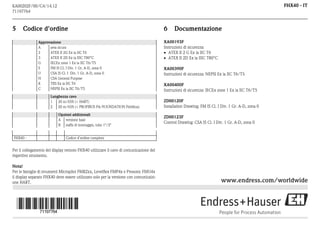 FHX40 - IT

KA00202F/00/C4/14.12
71197764

5

Codice d'ordine
Approvazione
A
area sicura
2
ATEX II 2G Ex ia IIC T6
3
ATEX II 2D Ex ia IIIC T80°C
G
IECEx zone 1 Ex ia IIC T6/T5
S
FM IS Cl. I Div. 1 Gr. A-D, zona 0
U
CSA IS Cl. I Div. 1 Gr. A-D, zona 0
N
CSA General Purpose
K
TIIS Ex ia IIC T6
C
NEPSI Ex ia IIC T6/T5
Lunghezza cavo
1
20 m/65ft (> HART)
2
20 m/65ft (> PROFIBUS PA/FOUNDATION Fieldbus)
Opzioni addizionali
A versione base
B staffa di montaggio, tubo 1"/2"

FHX40 -

6

Documentazione

XA00193F
Instruzioni di sicurezza:
 ATEX II 2 G Ex ia IIC T6
 ATEX II 2D Ex ia IIIC T80°C
XA00390F
Instruzioni di sicurezza: NEPSI Ex ia IIC T6/T5
XA00400F
Instruzioni di sicurezza: IECEx zone 1 Ex ia IIC T6/T5
ZD00120F
Installation Drawing: FM IS Cl. I Div. 1 Gr. A-D, zona 0
ZD00123F
Control Drawing: CSA IS Cl. I Div. 1 Gr. A-D, zona 0

Codice d’ordine completo

Per il collegamento del display remoto FHX40 utilizzare il cavo di comunicazione del
rispettivo strumento.
Nota!
Per le famiglie di strumenti Micropilot FMR2xx, Levelflex FMP4x e Prosonic FMU4x
il display separato FHX40 deve essere utilizzato solo per la versione con comunicaizione HART.

71197764

www.endress.com/worldwide

 