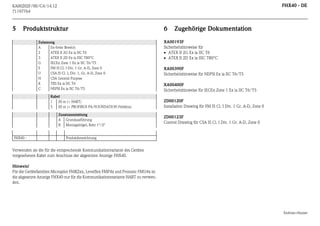 FHX40 - DE

KA00202F/00/C4/14.12
71197764

5

Produktstruktur
Zulassung
A
Ex-freier Bereich
2
ATEX II 2G Ex ia IIC T6
3
ATEX II 2D Ex ia IIIC T80°C
G
IECEx Zone 1 Ex ia IIC T6/T5
S
FM IS Cl. I Div. 1 Gr. A-D, Zone 0
U
CSA IS Cl. I, Div. 1, Gr. A-D, Zone 0
N
CSA General Purpose
K
TIIS Ex ia IIC T6
C
NEPSI Ex ia IIC T6/T5
Kabel
1
20 m (> HART)
5
20 m (> PROFIBUS PA/FOUNDATION Fieldbus)
Zusatzausstattung
A Grundausführung
B Montagebügel, Rohr 1"/2"

FHX40 -

6

Zugehörige Dokumentation

XA00193F
Sicherheitshinweise für
 ATEX II 2G Ex ia IIC T6
 ATEX II 2D Ex ia IIIC T80°C
XA00390F
Sicherheitshinweise für NEPSI Ex ia IIC T6/T5
XA00400F
Sicherheitshinweise für IECEx Zone 1 Ex ia IIC T6/T5
ZD00120F
Installation Drawing für FM IS Cl. I Div. 1 Gr. A-D, Zone 0
ZD00123F
Control Drawing für CSA IS Cl. I Div. 1 Gr. A-D, Zone 0

Produktbezeichnung

Verwenden sie die für die entsprechende Kommunikationvariante des Gerätes
vorgesehenen Kabel zum Anschluss der abgestzten Anzeige FHX40.
Hinweis!
Für die Gerätefamilien Micropilot FMR2xx, Levelflex FMP4x und Prosonic FMU4x ist
die abgesetzte Anzeige FHX40 nur für die Kommunikationsvariante HART zu verwenden.

Endress+Hauser

 