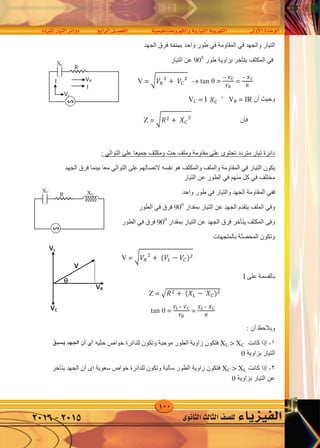 100
‫املرتدد‬‫التيار‬‫دوائر‬ ‫الرابع‬‫الف�صــــل‬ ‫والكهرومغناطي�سية‬‫التيارية‬‫الكهربية‬ ‫أوىل‬‫ل‬‫ا‬‫الوحدة‬
‫الثانوى‬‫الثالث‬‫لل�صف‬ ‫الفيزياء‬2016-2015
‫ﻭﺍﻟﺠﻬﺪ‬ ‫ﺍﻟﺘﻴﺎﺭ‬‫ﻓﻲ‬‫ﺍﻟﻤﻘﺎﻭﻣﺔ‬‫ﻓﻲ‬‫ﺍﻟﺠﻬﺪ‬ ‫ﻓﺮﻕ‬ ‫ﺑﻴﻨﻬﻤﺎ‬ ‫ﻭﺍﺣﺪ‬ ‫ﻁﻮﺭ‬
‫ﻓﻲ‬‫ﻳﺘﺄﺧﺮ‬ ‫ﺍﻟﻤﻜﺜﻒ‬‫ﻁﻮﺭ‬ ‫ﺑﺰﺍﻭﻳﺔ‬900
‫ﺍﻟﺘﻴﺎﺭ‬ ‫ﻋﻦ‬
V = � 𝑉𝑅
�
+ 𝑉�
�
 tan  =
− 𝑉�
𝑉𝑅
=
− 𝑋�
𝑅
‫ﺃﻥ‬ ‫ﻭﺣﻴﺚ‬VR = IR’VC = I VC
‫ﻓﺎﻥ‬Z = � 𝑅� + 𝑋�
�
: ‫ﺍﻟﺘﻮﺍﻟﻲ‬ ‫ﻋﻠﻰ‬ ‫ﺟﻤﻴﻌﺎ‬ ‫ﻭﻣﻜﺜﻒ‬ ‫ﺣﺚ‬ ‫ﻭﻣﻠﻒ‬ ‫ﻣﻘﺎﻭﻣﺔ‬ ‫ﻋﻠﻰ‬ ‫ﺗﺤﺘﻮﻯ‬ ‫ﻣﺘﺮﺩﺩ‬ ‫ﺗﻴﺎﺭ‬ ‫ﺩﺍﺋﺮﺓ‬
‫ﺍﻟﺘﻴﺎﺭ‬ ‫ﻳﻜﻮﻥ‬‫ﻓﻲ‬‫ﻋﻠﻰ‬ ‫ﻻﺗﺼﺎﻟﻬﻢ‬ ‫ﻧﻔﺴﻪ‬ ‫ﻫﻮ‬ ‫ﻭﺍﻟﻤﻜﺜﻒ‬ ‫ﻭﺍﻟﻤﻠﻒ‬ ‫ﺍﻟﻤﻘﺎﻭﻣﺔ‬‫ﺍﻟﺘﻮﺍﻟﻲ‬‫ﺍﻟﺠﻬﺪ‬ ‫ﻓﺮﻕ‬ ‫ﺑﻴﻨﻤﺎ‬ ‫ﻣﻌﺎ‬
‫ﻣﺨﺘﻠﻒ‬‫ﻓﻲ‬‫ﻣﻨﻬﻢ‬ ‫ﻛﻞ‬‫ﻓﻲ‬‫ﺍﻟﻄﻮﺭ‬‫ﻋﻦ‬‫ﺍﻟﺘﻴﺎﺭ‬
‫ﻓ‬‫ﻔﻲ‬‫ﻭﺍﻟﺘﻴﺎﺭ‬ ‫ﺍﻟﺠﻬﺪ‬ ‫ﺍﻟﻤﻘﺎﻭﻣﺔ‬‫ﻓﻲ‬‫ﻭﺍﺣﺪ‬ ‫ﻁﻮﺭ‬
‫ﻭ‬‫ﻓﻲ‬‫ﺑﻤﻘﺪﺍﺭ‬ ‫ﺍﻟﺘﻴﺎﺭ‬ ‫ﻋﻦ‬ ‫ﺍﻟﺠﻬﺪ‬ ‫ﻳﺘﻘﺪﻡ‬ ‫ﺍﻟﻤﻠﻒ‬900
‫ﻓﺮﻕ‬‫ﻓﻲ‬‫ﺍﻟﻄﻮﺭ‬
‫ﻭ‬‫ﻓﻰ‬‫ﺑﻤﻘﺪﺍﺭ‬ ‫ﺍﻟﺘﻴﺎﺭ‬ ‫ﻋﻦ‬ ‫ﺍﻟﺠﻬﺪ‬ ‫ﻓﺮﻕ‬ ‫ﻳﺘﺄﺧﺮ‬ ‫ﺍﻟﻤﻜﺜﻒ‬900
‫ﻓﺮﻕ‬‫ﻓﻲ‬‫ﺍﻟﻄﻮﺭ‬
‫ﺑﺎﻟﻤﺘﺠﻬﺎﺕ‬ ‫ﺍﻟﻤﺤﺼﻠﺔ‬ ‫ﻭﺗﻜﻮﻥ‬
V = � 𝑉𝑅
�
+ (𝑉� − 𝑉�)�
‫ﻋﻠﻰ‬ ‫ﺑﺎﻟﻘﺴﻤﺔ‬
Z = �𝑅� + (𝑋� − 𝑋�)�
tan  =
𝑉�− 𝑉�
𝑉𝑅
=
𝑋�− 𝑋�
𝑅
‫ﻭﻳﻼﺣﻆ‬‫ﺃﻥ‬:
١-‫ﺇﺫﺍ‬‫ﻛﺎﻧﺖ‬XL > XC‫ﺧﻮﺍﺹ‬ ‫ﻟﻠﺪﺍﺋﺮﺓ‬ ‫ﻭﺗﻜﻮﻥ‬ ‫ﻣﻮﺟﺒﺔ‬ ‫ﺍﻟﻄﻮﺭ‬ ‫ﺯﺍﻭﻳﺔ‬ ‫ﻓﺘﻜﻮﻥ‬‫ﺣﺜﻴﻪ‬‫ﺃﻥ‬‫ﻳﺴﺒﻖ‬ ‫ﺍﻟﻔﻮﻟﺖ‬
‫ﺑﺰﺍﻭﻳﺔ‬ ‫ﺍﻟﺘﻴﺎﺭ‬
٢-‫ﺇﺫﺍ‬‫ﻛﺎﻧﺖ‬XC > XL‫ﺍﻯ‬ ‫ﺳﻌﻮﻳﺔ‬ ‫ﺧﻮﺍﺹ‬ ‫ﻟﻠﺪﺍﺋﺮﺓ‬ ‫ﻭﺗﻜﻮﻥ‬ ‫ﺳﺎﻟﺒﺔ‬ ‫ﺍﻟﻄﻮﺭ‬ ‫ﺯﺍﻭﻳﺔ‬ ‫ﻓﺘﻜﻮﻥ‬‫ﺃﻥ‬‫ﻳﺘﺄﺧﺮ‬ ‫ﺍﻟﺠﻬﺪ‬
‫ﺑﺰﺍﻭﻳﺔ‬ ‫ﺍﻟﺘﻴﺎﺭ‬ ‫ﻋﻦ‬
VL
I
VR
Vc
I
I
XL
XC
R
∽
VL
V
VR
VC

VR
Vc
I
I
XC
R
∽
‫بينما‬
‫ﻭﺍﻟﺠﻬﺪ‬ ‫ﺍﻟﺘﻴﺎﺭ‬‫ﻓﻲ‬‫ﺍﻟﻤﻘﺎﻭﻣﺔ‬‫ﻓﻲ‬‫ﺍﻟﺠﻬﺪ‬ ‫ﻓﺮﻕ‬ ‫ﺑﻴﻨﻬﻤﺎ‬ ‫ﻭﺍﺣﺪ‬ ‫ﻁﻮﺭ‬
‫ﻓﻲ‬‫ﻳﺘﺄﺧﺮ‬ ‫ﺍﻟﻤﻜﺜﻒ‬‫ﻁﻮﺭ‬ ‫ﺑﺰﺍﻭﻳﺔ‬900
‫ﺍﻟﺘﻴﺎﺭ‬ ‫ﻋﻦ‬
V = � 𝑉𝑅
�
+ 𝑉�
�
 tan  =
− 𝑉�
𝑉𝑅
=
− 𝑋�
𝑅
‫ﺃﻥ‬ ‫ﻭﺣﻴﺚ‬VR = IR’VC = I VC
‫ﻓﺎﻥ‬Z = � 𝑅� + 𝑋�
�
: ‫ﺍﻟﺘﻮﺍﻟﻲ‬ ‫ﻋﻠﻰ‬ ‫ﺟﻤﻴﻌﺎ‬ ‫ﻭﻣﻜﺜﻒ‬ ‫ﺣﺚ‬ ‫ﻭﻣﻠﻒ‬ ‫ﻣﻘﺎﻭﻣﺔ‬ ‫ﻋﻠﻰ‬ ‫ﺗﺤﺘﻮﻯ‬ ‫ﻣﺘﺮﺩﺩ‬ ‫ﺗﻴﺎﺭ‬ ‫ﺩﺍﺋﺮﺓ‬
‫ﺍﻟﺘﻴﺎﺭ‬ ‫ﻳﻜﻮﻥ‬‫ﻓﻲ‬‫ﻋﻠﻰ‬ ‫ﻻﺗﺼﺎﻟﻬﻢ‬ ‫ﻧﻔﺴﻪ‬ ‫ﻫﻮ‬ ‫ﻭﺍﻟﻤﻜﺜﻒ‬ ‫ﻭﺍﻟﻤﻠﻒ‬ ‫ﺍﻟﻤﻘﺎﻭﻣﺔ‬‫ﺍﻟﺘﻮﺍﻟﻲ‬‫ﺍﻟﺠﻬﺪ‬ ‫ﻓﺮﻕ‬ ‫ﺑﻴﻨﻤﺎ‬ ‫ﻣﻌﺎ‬
‫ﻣﺨﺘﻠﻒ‬‫ﻓﻲ‬‫ﻣﻨﻬﻢ‬ ‫ﻛﻞ‬‫ﻓﻲ‬‫ﺍﻟﻄﻮﺭ‬‫ﻋﻦ‬‫ﺍﻟﺘﻴﺎﺭ‬
‫ﻓ‬‫ﻔﻲ‬‫ﻭﺍﻟﺘﻴﺎﺭ‬ ‫ﺍﻟﺠﻬﺪ‬ ‫ﺍﻟﻤﻘﺎﻭﻣﺔ‬‫ﻓﻲ‬‫ﻭﺍﺣﺪ‬ ‫ﻁﻮﺭ‬
‫ﻭ‬‫ﻓﻲ‬‫ﺑﻤﻘﺪﺍﺭ‬ ‫ﺍﻟﺘﻴﺎﺭ‬ ‫ﻋﻦ‬ ‫ﺍﻟﺠﻬﺪ‬ ‫ﻳﺘﻘﺪﻡ‬ ‫ﺍﻟﻤﻠﻒ‬900
‫ﻓﺮﻕ‬‫ﻓﻲ‬‫ﺍﻟﻄﻮﺭ‬
‫ﻭ‬‫ﻓﻰ‬‫ﺑﻤﻘﺪﺍﺭ‬ ‫ﺍﻟﺘﻴﺎﺭ‬ ‫ﻋﻦ‬ ‫ﺍﻟﺠﻬﺪ‬ ‫ﻓﺮﻕ‬ ‫ﻳﺘﺄﺧﺮ‬ ‫ﺍﻟﻤﻜﺜﻒ‬900
‫ﻓﺮﻕ‬‫ﻓﻲ‬‫ﺍﻟﻄﻮﺭ‬
‫ﺑﺎﻟﻤﺘﺠﻬﺎﺕ‬ ‫ﺍﻟﻤﺤﺼﻠﺔ‬ ‫ﻭﺗﻜﻮﻥ‬
V = � 𝑉𝑅
�
+ (𝑉� − 𝑉�)�
‫ﻋﻠﻰ‬ ‫ﺑﺎﻟﻘﺴﻤﺔ‬
Z = �𝑅� + (𝑋� − 𝑋�)�
tan  =
𝑉�− 𝑉�
𝑉𝑅
=
𝑋�− 𝑋�
𝑅
‫ﻭﻳﻼﺣﻆ‬‫ﺃﻥ‬:
١-‫ﺇﺫﺍ‬‫ﻛﺎﻧﺖ‬XL > XC‫ﺧﻮﺍﺹ‬ ‫ﻟﻠﺪﺍﺋﺮﺓ‬ ‫ﻭﺗﻜﻮﻥ‬ ‫ﻣﻮﺟﺒﺔ‬ ‫ﺍﻟﻄﻮﺭ‬ ‫ﺯﺍﻭﻳﺔ‬ ‫ﻓﺘﻜﻮﻥ‬‫ﺣﺜﻴﻪ‬‫ﺃﻥ‬‫ﻳﺴﺒﻖ‬ ‫ﺍﻟﻔﻮﻟﺖ‬
‫ﺑﺰﺍﻭﻳﺔ‬ ‫ﺍﻟﺘﻴﺎﺭ‬
٢-‫ﺇﺫﺍ‬‫ﻛﺎﻧﺖ‬XC > XL‫ﺍﻯ‬ ‫ﺳﻌﻮﻳﺔ‬ ‫ﺧﻮﺍﺹ‬ ‫ﻟﻠﺪﺍﺋﺮﺓ‬ ‫ﻭﺗﻜﻮﻥ‬ ‫ﺳﺎﻟﺒﺔ‬ ‫ﺍﻟﻄﻮﺭ‬ ‫ﺯﺍﻭﻳﺔ‬ ‫ﻓﺘﻜﻮﻥ‬‫ﺃﻥ‬‫ﻳﺘﺄﺧﺮ‬ ‫ﺍﻟﺠﻬﺪ‬
‫ﺑﺰﺍﻭﻳﺔ‬ ‫ﺍﻟﺘﻴﺎﺭ‬ ‫ﻋﻦ‬
VL
I
VR
Vc
I
I
XL
XC
R
∽
VL
V
VR
VC

VR
Vc
I
I
XC
R
∽
‫ي�سبق‬ ‫اجلهد‬ ‫أن‬� ‫أى‬�
 