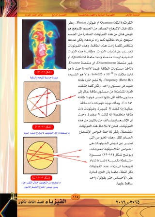 115
‫املرتدد‬‫التيار‬‫دوائر‬ ‫الرابع‬‫الف�صــــل‬ ‫والكهرومغناطي�سية‬‫التيارية‬‫الكهربية‬ ‫أوىل‬‫ل‬‫ا‬‫الوحدة‬
‫الثانوى‬‫الثالث‬‫لل�صف‬ ‫الفيزياء‬ 2016-2015
rO‡‡‡‡‡‡‡ '«Ë W‡‡‡‡ u‡‡*« WO‡‡‡‡ «Ëœ“« dA v U « q‡‡BH « W‡‡ b‡‡(« ¡U‡ eO‡‡‡H « v‡ W bI‡ W‡ U‡‡‡)« …b‡‡ u‡ «
Photon Quantum
Quantized
Discrete Discontinuous
h E=nhν
ν h=6.625 x 10-34 Js
Frequency (Hertz-Hz)
E = hν
ν
ν
 