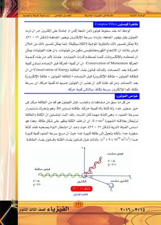121
‫واجل�سيم‬‫املوجة‬‫ازدواجية‬ 	‫س‬�‫اخلام‬‫الف�صــــل‬ 		‫احلديثة‬‫الفيزياء‬‫فى‬‫مقدمة‬ 	 	‫الثانية‬‫الوحدة‬
‫الثانوى‬‫الثالث‬‫لل�صف‬ ‫الفيزياء‬ 2016-2015
¥
rO‡‡‡‡‡‡‡ '«Ë W‡‡‡‡ u‡‡*« WO‡‡‡‡ «Ëœ“« dA v U « q‡‡BH « W‡‡ b‡‡(« ¡U‡ eO‡‡‡H « v‡ W bI‡ W‡ U‡‡‡)« …b‡‡ u‡ «
Compton Effect
Conservation of Momentum
Conservation of Energy
hν
c
E = mc2
(c2
= 9 x 1016
m2
/s2
)
 