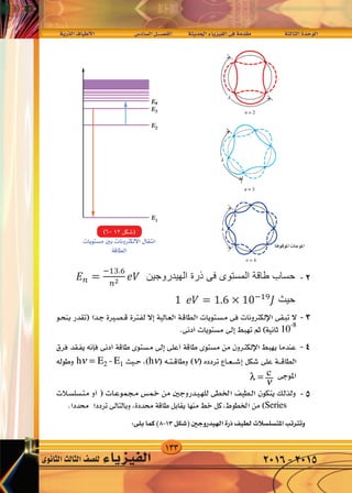 133
‫الذرية‬‫أطياف‬‫ل‬‫ا‬ 	‫ال�ساد�س‬‫الف�صــــل‬ 	‫ة‬‫احلديث‬‫الفيزياء‬‫فى‬‫مقدمة‬ 		‫الثالثة‬‫الوحدة‬
‫الثانوى‬‫الثالث‬‫لل�صف‬ ‫الفيزياء‬ 2016-2015
‫ﺍﻟﻌﻼﻗﺔ‬ ‫ﻣﻦ‬2π𝑟 = 𝑛𝜆
‫ﺍﻟﻬﻴﺪﺭﻭﺟﻴﻦ‬ ‫ﺫﺭﺓ‬ ‫ﻓﻰ‬ ‫ﺍﻟﻤﺴﺘﻮﻯ‬ ‫ﻃﺎﻗﺔ‬ ‫ﺣﺴﺎﺏ‬𝐸 𝑛 =
�13.6
𝑛2 𝑒𝑉
‫ﺣﻴﺚ‬1 𝑒𝑉 = 1.6 × 10�19
𝐽
‫ﻟﺘﻮﻟﻴﺪ‬ ‫ﻛﻮﻟﺪﺝ‬ ‫ﺍﻧﺒﻮﺑﺔ‬ ‫ﺗﻌﻤﻞ‬‫ﺍﻟﺴﻴﻨﻴﺔ‬ ‫ﺍﻷﺷﻌﺔ‬‫ﺟﻬﺪ‬ ‫ﻓﺮﻕ‬ ‫ﻋﻠﻰ‬4 × 104
𝑉‫ﺷﺪﺗﻪ‬ ‫ﻛﻬﺮﺑﻲ‬ ‫ﻭﺗﻴﺎﺭ‬
5mA‫ﺍﻷﻧﺒﻮﺑﺔ‬ ‫ﻛﻔﺎءﺓ‬ ‫ﻛﺎﻧﺖ‬ ‫ﻓﺈﺫﺍ‬%2: ‫ﺍﺣﺴﺐ‬
1-‫ﺍﻟﻨﺎﺗﺠﺔ‬ ‫ﺍﻟﺴﻴﻨﻴﺔ‬ ‫ﻟﻸﺷﻌﺔ‬ ‫ﻣﻮﺟﻰ‬ ‫ﻃﻮﻝ‬ ‫ﺃﻗﺼﺮ‬)0.31 𝐴�
(
2-‫ﺍﻷﻧﺒﻮﺑﺔ‬ ‫ﻓﻰ‬ ‫ﺍﻟﻤﺴﺘﺨﺪﻣﺔ‬ ‫ﺍﻟﻜﻬﺮﺑﻴﺔ‬ ‫ﺍﻟﻄﺎﻗﺔ‬ ‫ﻣﻌﺪﻝ‬)200𝑊(
3-‫ﺍﻟﻨﺎﺗﺠﺔ‬ ‫ﺍﻟﺴﻴﻨﻴﺔ‬ ‫ﺍﻷﺷﻌﺔ‬ ‫ﻃﺎﻗﺔ‬ ‫ﻣﻌﺪﻝ‬)4 𝑊(
-2
-3
-4
-5
‫املوقوفة‬‫املوجات‬
 