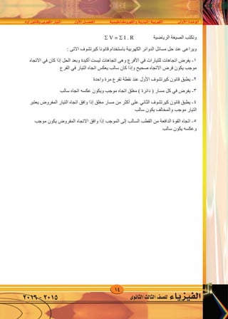 14
‫أوم‬�‫وقانون‬‫الكهربى‬‫التيار‬ ‫أول‬‫ل‬‫ا‬‫الف�صــــل‬ ‫والكهرومغناطي�سية‬‫التيارية‬‫الكهربية‬ ‫أوىل‬‫ل‬‫ا‬‫الوحدة‬
‫الثانوى‬‫الثالث‬‫لل�صف‬ ‫الفيزياء‬2016-2015
‫ﺍﻟﺮﻳﺎﺿﻴﺔ‬ ‫ﺍﻟﺼﻴﻐﺔ‬ ‫ﻭﺗﻜﺘﺐ‬ V =   . R
‫ﻗﺎﻧﻮﻧ‬ ‫ﺑﺎﺳﺘﺨﺪﺍﻡ‬ ‫ﺍﻟﻜﻬﺮﺑﻴﺔ‬ ‫ﺍﻟﺪﻭﺍﺋﺮ‬ ‫ﻣﺴﺎﺋﻞ‬ ‫ﺣﻞ‬ ‫ﻋﻨﺪ‬ ‫ﻭﻳﺮﺍﻋﻰ‬: ‫ﺍﻻﺗﻰ‬ ‫ﻛﻴﺮﺗﺸﻮﻑ‬ ‫ﺎ‬
١-‫ﻟﻠﺘﻴﺎﺭﺍﺕ‬ ‫ﺍﺗﺠﺎﻫﺎﺕ‬ ‫ﻳﻔﺮﺽ‬‫ﻓﻲ‬‫ﺍﻷﻓﺮﻉ‬‫ﻟﻴﺴﺖ‬ ‫ﺍﺗﺠﺎﻫﺎﺕ‬ ‫ﻭﻫﻰ‬‫ﺃﻛﻴﺪﺓ‬‫ﺍﻟﺤﻞ‬ ‫ﻭﺑﻌﺪ‬‫ﺇﺫﺍ‬‫ﻛﺎﻥ‬‫ﻓﻲ‬‫ﺍﻻﺗﺠﺎﻩ‬
‫ﺻﺤﻴﺢ‬ ‫ﺍﻻﺗﺠﺎﻩ‬ ‫ﻓﺮﺽ‬ ‫ﻳﻜﻮﻥ‬ ‫ﻣﻮﺟﺐ‬‫ﻭﺇﺫﺍ‬‫ﺍﻟﺘﻴﺎﺭ‬ ‫ﺍﺗﺠﺎﻩ‬ ‫ﻳﻌﻜﺲ‬ ‫ﺳﺎﻟﺐ‬ ‫ﻛﺎﻥ‬‫ﻓﻲ‬‫ﺍﻟﻔﺮﻉ‬
٢-‫ﻛﻴﺮﺗﺸﻮﻑ‬ ‫ﻗﺎﻧﻮﻥ‬ ‫ﻳﻄﺒﻖ‬‫ﺍﻷﻭﻝ‬‫ﻭﺍﺣﺪﺓ‬ ‫ﻣﺮﺓ‬ ‫ﺗﻔﺮﻉ‬ ‫ﻧﻘﻄﺔ‬ ‫ﻋﻨﺪ‬
٣-‫ﻳﻔﺮﺽ‬‫ﻓﻲ‬‫ﺳﺎﻟﺐ‬ ‫ﺍﺗﺠﺎﻩ‬ ‫ﻋﻜﺴﻪ‬ ‫ﻭﻳﻜﻮﻥ‬ ‫ﻣﻮﺟﺐ‬ ‫ﺍﺗﺠﺎﻩ‬ ‫ﻣﻐﻠﻖ‬ ( ‫ﺩﺍﺋﺮﺓ‬ ) ‫ﻣﺴﺎﺭ‬ ‫ﻛﻞ‬
٤-‫ﻛﻴﺮﺗﺸﻮﻑ‬ ‫ﻗﺎﻧﻮﻥ‬ ‫ﻳﻄﺒﻖ‬‫ﺍﻟﺜﺎﻧﻲ‬‫ﻋﻠﻰ‬‫ﺃﻛﺜﺮ‬‫ﻣﻐﻠﻖ‬ ‫ﻣﺴﺎﺭ‬ ‫ﻣﻦ‬‫ﺇﺫﺍ‬‫ﻳﻌﺘﺒﺮ‬ ‫ﺍﻟﻤﻔﺮﻭﺽ‬ ‫ﺍﻟﺘﻴﺎﺭ‬ ‫ﺍﺗﺠﺎﻩ‬ ‫ﻭﺍﻓﻖ‬
‫ﺳﺎﻟﺐ‬ ‫ﻳﻜﻮﻥ‬ ‫ﻭﺍﻟﻤﺨﺎﻟﻒ‬ ‫ﻣﻮﺟﺐ‬ ‫ﺍﻟﺘﻴﺎﺭ‬
٥-‫ﺍﻟﺴﺎﻟﺐ‬ ‫ﺍﻟﻘﻄﺐ‬ ‫ﻣﻦ‬ ‫ﺍﻟﺪﺍﻓﻌﺔ‬ ‫ﺍﻟﻘﻮﺓ‬ ‫ﺍﺗﺠﺎﻩ‬‫ﺇﻟﻰ‬‫ﺍﻟﻤﻮﺟﺐ‬‫ﺇﺫﺍ‬‫ﻣﻮﺟﺐ‬ ‫ﻳﻜﻮﻥ‬ ‫ﺍﻟﻤﻔﺮﻭﺽ‬ ‫ﺍﻻﺗﺠﺎﻩ‬ ‫ﻭﺍﻓﻖ‬
‫ﺳﺎﻟﺐ‬ ‫ﻳﻜﻮﻥ‬ ‫ﻭﻋﻜﺴﻪ‬
 
