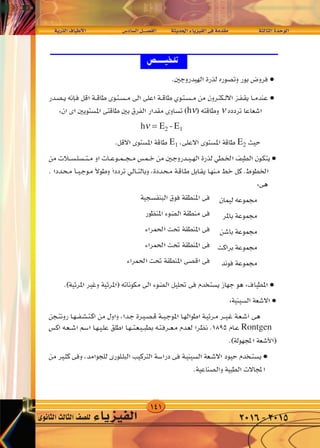 141
‫الذرية‬‫أطياف‬‫ل‬‫ا‬ 	‫ال�ساد�س‬‫الف�صــــل‬ 	‫ة‬‫احلديث‬‫الفيزياء‬‫فى‬‫مقدمة‬ 		‫الثالثة‬‫الوحدة‬
‫الثانوى‬‫الثالث‬‫لل�صف‬ ‫الفيزياء‬ 2016-2015
±
W‡‡‡‡ —c‡‡ « ·U‡‡‡‡‡‡‡O‡‡‡ _« dA Y U « q‡B‡H « W b(« ¡U eOH « v W bI W‡ U‡‡‡)« …b‡‡ u‡‡ «
hν ν
hν = E2 - E1
E1 E2
Rontgen
 