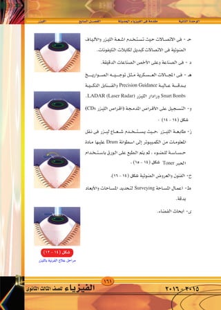 161
‫الليزر‬ 	 	‫ع‬‫ال�ساب‬‫الف�صــــل‬ 		‫احلديثة‬‫الفيزياء‬‫فى‬‫مقدمة‬ 		‫الثانية‬‫الوحدة‬
‫الثانوى‬‫الثالث‬‫لل�صف‬ ‫الفيزياء‬ 2016-2015
—e}‡‡‡‡‡‡‡‡‡‡‡‡‡‡K « dA l «d « q‡‡‡B‡H « W |b(« ¡U|e}H « v W bI W U)« …b u «
Precision Guidance
LADAR (Laser Radar) Smart Bombs
CDs
Drum
Toner
Surveying
)14-14(‫�شكل‬
.)15-14(‫�شكل‬
)16-14(‫�شكل‬
)12-14(‫�شكل‬
 