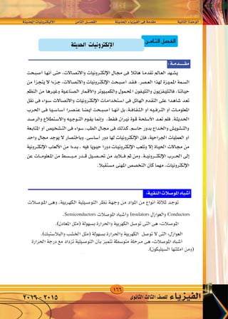 166
‫احلديثة‬‫إليكرتونيات‬‫ل‬‫ا‬ 	‫ن‬‫الثام‬‫الف�صــــل‬ 		‫احلديثة‬‫الفيزياء‬‫فى‬‫مقدمة‬ 		‫الثانية‬‫الوحدة‬
‫الثانوى‬‫الثالث‬‫لل�صف‬ ‫الفيزياء‬2016-2015
¥
Binding Energy
Bohr Discrete
Energy Levels
Quantum Mechanics
Excitation
Ground State Relaxation
Semiconductors Insulators Conductors
W‡‡‡ ‡ b‡‡‡(« UO‡ Ëd ‡‡J ù« dA f U)« q‡‡BH « W‡‡ b‡‡(« ¡U‡ eO‡‡‡H « v‡ W bI‡ W‡ U‡‡‡)« …b‡‡ u‡ «
Outer Shell
‫الثامن‬‫صل‬�‫الف‬
 