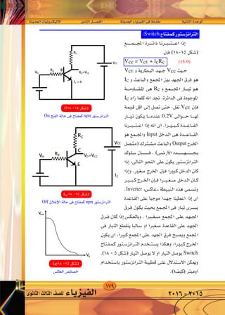 179
‫احلديثة‬‫إليكرتونيات‬‫ل‬‫ا‬ 	‫ن‬‫الثام‬‫الف�صــــل‬ 		‫احلديثة‬‫الفيزياء‬‫فى‬‫مقدمة‬ 		‫الثانية‬‫الوحدة‬
‫الثانوى‬‫الثالث‬‫لل�صف‬ ‫الفيزياء‬ 2016-2015
W‡‡‡ ‡ b‡‡‡(« UO‡ Ëd ‡‡J ù« dA f U)« q‡‡BH « W‡‡ b‡‡(« ¡U‡ eO‡‡‡H « v‡ W bI‡ W‡ U‡‡‡)« …b‡‡ u‡ «
:Switch
Vcc = VcE + IcRc
VcE Vcc
Ic
Rc
Ic
VcE
0.2V
Input
Output
Inverter
Switch
Off npn
On npn
(15-9)
 