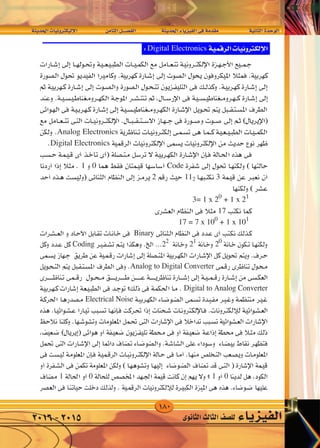 180
‫احلديثة‬‫إليكرتونيات‬‫ل‬‫ا‬ 	‫ن‬‫الثام‬‫الف�صــــل‬ 		‫احلديثة‬‫الفيزياء‬‫فى‬‫مقدمة‬ 		‫الثانية‬‫الوحدة‬
‫الثانوى‬‫الثالث‬‫لل�صف‬ ‫الفيزياء‬2016-2015
±
W‡‡‡ ‡ b‡‡‡(« UO‡ Ëd ‡‡J ù« dA f U)« q‡‡BH « W‡‡ b‡‡(« ¡U‡ eO‡‡‡H « v‡ W bI‡ W‡ U‡‡‡)« …b‡‡ u‡ «
Digital Electronics
Analog Electronics
Digital Electronics
1 0 Code
2 112 3
3= 1 x 20
+ 1 x 21
17
17 = 7 x 100
+ 1 x 101
Binary
Coding 22
21
20
Analog to Digital Converter
Digital to Analog Converter
Electrical Noise
1 0 1 0
 
