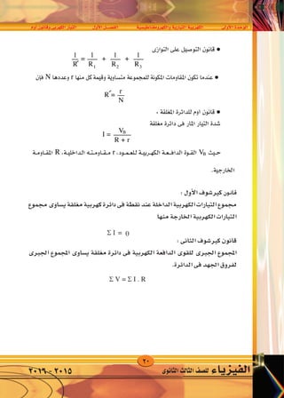 20
‫أوم‬�‫وقانون‬‫الكهربى‬‫التيار‬ ‫أول‬‫ل‬‫ا‬‫الف�صــــل‬ ‫والكهرومغناطي�سية‬‫التيارية‬‫الكهربية‬ ‫أوىل‬‫ل‬‫ا‬‫الوحدة‬
‫الثانوى‬‫الثالث‬‫لل�صف‬ ‫الفيزياء‬2016-2015
:‫أول‬‫ل‬‫ا‬‫كري�شوف‬‫قانون‬
‫جمموع‬‫ي�ساوى‬‫مغلقة‬‫كهربية‬‫دائرة‬‫فى‬‫نقطة‬‫عند‬‫الداخلة‬‫الكهربية‬‫التيارات‬‫جمموع‬
‫منها‬‫اخلارجة‬‫الكهربية‬‫التيارات‬
:‫الثانى‬‫كري�شوف‬‫قانون‬
‫اجلربى‬ ‫املجموع‬ ‫ي�ساوى‬ ‫مغلقة‬ ‫دائرة‬ ‫فى‬ ‫الكهربية‬ ‫الدافعة‬ ‫للقوى‬ ‫اجلربى‬ ‫املجموع‬
.‫الدائرة‬‫فى‬‫اجلهد‬‫لفروق‬
‫ﺍﻟﺮﻳﺎﺿﻴﺔ‬ ‫ﺍﻟﺼﻴﻐﺔ‬ ‫ﻭﺗﻜﺘﺐ‬ V =   . R
‫ﻗﺎﻧﻮﻧ‬ ‫ﺑﺎﺳﺘﺨﺪﺍﻡ‬ ‫ﺍﻟﻜﻬﺮﺑﻴﺔ‬ ‫ﺍﻟﺪﻭﺍﺋﺮ‬ ‫ﻣﺴﺎﺋﻞ‬ ‫ﺣﻞ‬ ‫ﻋﻨﺪ‬ ‫ﻭﻳﺮﺍﻋﻰ‬: ‫ﺍﻻﺗﻰ‬ ‫ﻛﻴﺮﺗﺸﻮﻑ‬ ‫ﺎ‬
١-‫ﻟﻠﺘﻴﺎﺭﺍﺕ‬ ‫ﺍﺗﺠﺎﻫﺎﺕ‬ ‫ﻳﻔﺮﺽ‬‫ﻓﻲ‬‫ﺍﻷﻓﺮﻉ‬‫ﻟﻴﺴﺖ‬ ‫ﺍﺗﺠﺎﻫﺎﺕ‬ ‫ﻭﻫﻰ‬‫ﺃﻛﻴﺪﺓ‬‫ﺍﻟﺤﻞ‬ ‫ﻭﺑﻌﺪ‬‫ﺇﺫﺍ‬‫ﻛﺎﻥ‬‫ﻓﻲ‬‫ﺍﻻﺗﺠﺎﻩ‬
‫ﺻﺤﻴﺢ‬ ‫ﺍﻻﺗﺠﺎﻩ‬ ‫ﻓﺮﺽ‬ ‫ﻳﻜﻮﻥ‬ ‫ﻣﻮﺟﺐ‬‫ﻭﺇﺫﺍ‬‫ﺍﻟﺘﻴﺎﺭ‬ ‫ﺍﺗﺠﺎﻩ‬ ‫ﻳﻌﻜﺲ‬ ‫ﺳﺎﻟﺐ‬ ‫ﻛﺎﻥ‬‫ﻓﻲ‬‫ﺍﻟﻔﺮﻉ‬
٢-‫ﻛﻴﺮﺗﺸﻮﻑ‬ ‫ﻗﺎﻧﻮﻥ‬ ‫ﻳﻄﺒﻖ‬‫ﺍﻷﻭﻝ‬‫ﻭﺍﺣﺪﺓ‬ ‫ﻣﺮﺓ‬ ‫ﺗﻔﺮﻉ‬ ‫ﻧﻘﻄﺔ‬ ‫ﻋﻨﺪ‬
٣-‫ﻳﻔﺮﺽ‬‫ﻓﻲ‬‫ﺳﺎﻟﺐ‬ ‫ﺍﺗﺠﺎﻩ‬ ‫ﻋﻜﺴﻪ‬ ‫ﻭﻳﻜﻮﻥ‬ ‫ﻣﻮﺟﺐ‬ ‫ﺍﺗﺠﺎﻩ‬ ‫ﻣﻐﻠﻖ‬ ( ‫ﺩﺍﺋﺮﺓ‬ ) ‫ﻣﺴﺎﺭ‬ ‫ﻛﻞ‬
٤-‫ﻛﻴﺮﺗﺸﻮﻑ‬ ‫ﻗﺎﻧﻮﻥ‬ ‫ﻳﻄﺒﻖ‬‫ﺍﻟﺜﺎﻧﻲ‬‫ﻋﻠﻰ‬‫ﺃﻛﺜﺮ‬‫ﻣﻐﻠﻖ‬ ‫ﻣﺴﺎﺭ‬ ‫ﻣﻦ‬‫ﺇﺫﺍ‬‫ﻳﻌﺘﺒﺮ‬ ‫ﺍﻟﻤﻔﺮﻭﺽ‬ ‫ﺍﻟﺘﻴﺎﺭ‬ ‫ﺍﺗﺠﺎﻩ‬ ‫ﻭﺍﻓﻖ‬
‫ﺳﺎﻟﺐ‬ ‫ﻳﻜﻮﻥ‬ ‫ﻭﺍﻟﻤﺨﺎﻟﻒ‬ ‫ﻣﻮﺟﺐ‬ ‫ﺍﻟﺘﻴﺎﺭ‬
٥-‫ﺍﻟﺴﺎﻟﺐ‬ ‫ﺍﻟﻘﻄﺐ‬ ‫ﻣﻦ‬ ‫ﺍﻟﺪﺍﻓﻌﺔ‬ ‫ﺍﻟﻘﻮﺓ‬ ‫ﺍﺗﺠﺎﻩ‬‫ﺇﻟﻰ‬‫ﺍﻟﻤﻮﺟﺐ‬‫ﺇﺫﺍ‬‫ﻣﻮﺟﺐ‬ ‫ﻳﻜﻮﻥ‬ ‫ﺍﻟﻤﻔﺮﻭﺽ‬ ‫ﺍﻻﺗﺠﺎﻩ‬ ‫ﻭﺍﻓﻖ‬
‫ﺳﺎﻟﺐ‬ ‫ﻳﻜﻮﻥ‬ ‫ﻭﻋﻜﺴﻪ‬
‫ﺍﻟﺮﻳﺎﺿﻴﺔ‬ ‫ﺍﻟﺼﻴﻐﺔ‬ ‫ﻭﺗﻜﺘﺐ‬ V =   . R
‫ﻗﺎﻧﻮﻧ‬ ‫ﺑﺎﺳﺘﺨﺪﺍﻡ‬ ‫ﺍﻟﻜﻬﺮﺑﻴﺔ‬ ‫ﺍﻟﺪﻭﺍﺋﺮ‬ ‫ﻣﺴﺎﺋﻞ‬ ‫ﺣﻞ‬ ‫ﻋﻨﺪ‬ ‫ﻭﻳﺮﺍﻋﻰ‬: ‫ﺍﻻﺗﻰ‬ ‫ﻛﻴﺮﺗﺸﻮﻑ‬ ‫ﺎ‬
١-‫ﻟﻠﺘﻴﺎﺭﺍﺕ‬ ‫ﺍﺗﺠﺎﻫﺎﺕ‬ ‫ﻳﻔﺮﺽ‬‫ﻓﻲ‬‫ﺍﻷﻓﺮﻉ‬‫ﻟﻴﺴﺖ‬ ‫ﺍﺗﺠﺎﻫﺎﺕ‬ ‫ﻭﻫﻰ‬‫ﺃﻛﻴﺪﺓ‬‫ﺍﻟﺤﻞ‬ ‫ﻭﺑﻌﺪ‬‫ﺇﺫﺍ‬‫ﻛﺎﻥ‬‫ﻓﻲ‬‫ﺍﻻﺗﺠ‬
‫ﺻﺤﻴﺢ‬ ‫ﺍﻻﺗﺠﺎﻩ‬ ‫ﻓﺮﺽ‬ ‫ﻳﻜﻮﻥ‬ ‫ﻣﻮﺟﺐ‬‫ﻭﺇﺫﺍ‬‫ﺍﻟﺘﻴﺎﺭ‬ ‫ﺍﺗﺠﺎﻩ‬ ‫ﻳﻌﻜﺲ‬ ‫ﺳﺎﻟﺐ‬ ‫ﻛﺎﻥ‬‫ﻓﻲ‬‫ﺍﻟﻔﺮﻉ‬
٢-‫ﻛﻴﺮﺗﺸﻮﻑ‬ ‫ﻗﺎﻧﻮﻥ‬ ‫ﻳﻄﺒﻖ‬‫ﺍﻷﻭﻝ‬‫ﻭﺍﺣﺪﺓ‬ ‫ﻣﺮﺓ‬ ‫ﺗﻔﺮﻉ‬ ‫ﻧﻘﻄﺔ‬ ‫ﻋﻨﺪ‬
٣-‫ﻳﻔﺮﺽ‬‫ﻓﻲ‬‫ﺳﺎﻟﺐ‬ ‫ﺍﺗﺠﺎﻩ‬ ‫ﻋﻜﺴﻪ‬ ‫ﻭﻳﻜﻮﻥ‬ ‫ﻣﻮﺟﺐ‬ ‫ﺍﺗﺠﺎﻩ‬ ‫ﻣﻐﻠﻖ‬ ( ‫ﺩﺍﺋﺮﺓ‬ ) ‫ﻣﺴﺎﺭ‬ ‫ﻛﻞ‬
٤-‫ﻛﻴﺮﺗﺸﻮﻑ‬ ‫ﻗﺎﻧﻮﻥ‬ ‫ﻳﻄﺒﻖ‬‫ﺍﻟﺜﺎﻧﻲ‬‫ﻋﻠﻰ‬‫ﺃﻛﺜﺮ‬‫ﻣﻐﻠﻖ‬ ‫ﻣﺴﺎﺭ‬ ‫ﻣﻦ‬‫ﺇﺫﺍ‬‫ﻳﻌﺘﺒ‬ ‫ﺍﻟﻤﻔﺮﻭﺽ‬ ‫ﺍﻟﺘﻴﺎﺭ‬ ‫ﺍﺗﺠﺎﻩ‬ ‫ﻭﺍﻓﻖ‬
‫ﺳﺎﻟﺐ‬ ‫ﻳﻜﻮﻥ‬ ‫ﻭﺍﻟﻤﺨﺎﻟﻒ‬ ‫ﻣﻮﺟﺐ‬ ‫ﺍﻟﺘﻴﺎﺭ‬
٥-‫ﺍﻟﺴﺎﻟﺐ‬ ‫ﺍﻟﻘﻄﺐ‬ ‫ﻣﻦ‬ ‫ﺍﻟﺪﺍﻓﻌﺔ‬ ‫ﺍﻟﻘﻮﺓ‬ ‫ﺍﺗﺠﺎﻩ‬‫ﺇﻟﻰ‬‫ﺍﻟﻤﻮﺟﺐ‬‫ﺇﺫﺍ‬‫ﻣﻮﺟﺐ‬ ‫ﻳﻜﻮﻥ‬ ‫ﺍﻟﻤﻔﺮﻭﺽ‬ ‫ﺍﻻﺗﺠﺎﻩ‬ ‫ﻭﺍﻓﻖ‬
‫ﺳﺎﻟﺐ‬ ‫ﻳﻜﻮﻥ‬ ‫ﻭﻋﻜﺴﻪ‬
‫ﺍﻟﺮﻳﺎﺿﻴﺔ‬ ‫ﺍﻟﺼﻴﻐﺔ‬ ‫ﻭﺗﻜﺘﺐ‬ V =   . R
‫ﻗﺎﻧﻮﻧ‬ ‫ﺑﺎﺳﺘﺨﺪﺍﻡ‬ ‫ﺍﻟﻜﻬﺮﺑﻴﺔ‬ ‫ﺍﻟﺪﻭﺍﺋﺮ‬ ‫ﻣﺴﺎﺋﻞ‬ ‫ﺣﻞ‬ ‫ﻋﻨﺪ‬ ‫ﻭﻳﺮﺍﻋﻰ‬: ‫ﺍﻻﺗﻰ‬ ‫ﻛﻴﺮﺗﺸﻮﻑ‬ ‫ﺎ‬
١-‫ﻟﻠﺘﻴﺎﺭﺍﺕ‬ ‫ﺍﺗﺠﺎﻫﺎﺕ‬ ‫ﻳﻔﺮﺽ‬‫ﻓﻲ‬‫ﺍﻷﻓﺮﻉ‬‫ﻟﻴﺴﺖ‬ ‫ﺍﺗﺠﺎﻫﺎﺕ‬ ‫ﻭﻫﻰ‬‫ﺃﻛﻴﺪﺓ‬‫ﺍﻟﺤﻞ‬ ‫ﻭﺑﻌﺪ‬‫ﺇﺫﺍ‬‫ﻛﺎﻥ‬‫ﻓﻲ‬‫ﺍﻻﺗﺠﺎﻩ‬
‫ﺻﺤﻴﺢ‬ ‫ﺍﻻﺗﺠﺎﻩ‬ ‫ﻓﺮﺽ‬ ‫ﻳﻜﻮﻥ‬ ‫ﻣﻮﺟﺐ‬‫ﻭﺇﺫﺍ‬‫ﺍﻟﺘﻴﺎﺭ‬ ‫ﺍﺗﺠﺎﻩ‬ ‫ﻳﻌﻜﺲ‬ ‫ﺳﺎﻟﺐ‬ ‫ﻛﺎﻥ‬‫ﻓﻲ‬‫ﺍﻟﻔﺮﻉ‬
٢-‫ﻛﻴﺮﺗﺸﻮﻑ‬ ‫ﻗﺎﻧﻮﻥ‬ ‫ﻳﻄﺒﻖ‬‫ﺍﻷﻭﻝ‬‫ﻭﺍﺣﺪﺓ‬ ‫ﻣﺮﺓ‬ ‫ﺗﻔﺮﻉ‬ ‫ﻧﻘﻄﺔ‬ ‫ﻋﻨﺪ‬
٣-‫ﻳﻔﺮﺽ‬‫ﻓﻲ‬‫ﺳﺎﻟﺐ‬ ‫ﺍﺗﺠﺎﻩ‬ ‫ﻋﻜﺴﻪ‬ ‫ﻭﻳﻜﻮﻥ‬ ‫ﻣﻮﺟﺐ‬ ‫ﺍﺗﺠﺎﻩ‬ ‫ﻣﻐﻠﻖ‬ ( ‫ﺩﺍﺋﺮﺓ‬ ) ‫ﻣﺴﺎﺭ‬ ‫ﻛﻞ‬
٤-‫ﻛﻴﺮﺗﺸﻮﻑ‬ ‫ﻗﺎﻧﻮﻥ‬ ‫ﻳﻄﺒﻖ‬‫ﺍﻟﺜﺎﻧﻲ‬‫ﻋﻠﻰ‬‫ﺃﻛﺜﺮ‬‫ﻣﻐﻠﻖ‬ ‫ﻣﺴﺎﺭ‬ ‫ﻣﻦ‬‫ﺇﺫﺍ‬‫ﻳﻌﺘﺒﺮ‬ ‫ﺍﻟﻤﻔﺮﻭﺽ‬ ‫ﺍﻟﺘﻴﺎﺭ‬ ‫ﺍﺗﺠﺎﻩ‬ ‫ﻭﺍﻓﻖ‬
‫ﺳﺎﻟﺐ‬ ‫ﻳﻜﻮﻥ‬ ‫ﻭﺍﻟﻤﺨﺎﻟﻒ‬ ‫ﻣﻮﺟﺐ‬ ‫ﺍﻟﺘﻴﺎﺭ‬
٥-‫ﺍﻟﺴﺎﻟﺐ‬ ‫ﺍﻟﻘﻄﺐ‬ ‫ﻣﻦ‬ ‫ﺍﻟﺪﺍﻓﻌﺔ‬ ‫ﺍﻟﻘﻮﺓ‬ ‫ﺍﺗﺠﺎﻩ‬‫ﺇﻟﻰ‬‫ﺍﻟﻤﻮﺟﺐ‬‫ﺇﺫﺍ‬‫ﻣﻮﺟﺐ‬ ‫ﻳﻜﻮﻥ‬ ‫ﺍﻟﻤﻔﺮﻭﺽ‬ ‫ﺍﻻﺗﺠﺎﻩ‬ ‫ﻭﺍﻓﻖ‬
‫ﺳﺎﻟﺐ‬ ‫ﻳﻜﻮﻥ‬ ‫ﻭﻋﻜﺴﻪ‬
0
 