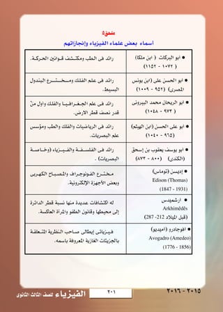 201‫الثانوى‬‫الثالث‬‫لل�صف‬ ‫الفيزياء‬ 2016-2015¥W UF « W u U « ¡U‡‡‡ eOH «W UF « W u U « ¡U‡‡‡ eOH « W dO _« l UD*«W dO _« l UD*«
(
Edison (Thomas)
(1847 - 1931)
Arkhimêdês
287 -212
Avogadro (Amedeo)
(1776 - 1856)
 