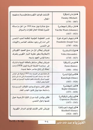 204 ‫الثانوى‬‫الثالث‬‫لل�صف‬ ‫الفيزياء‬2016-2015 W UF « W u U « ¡U‡‡‡ eOH «¥ W UF « W u U « ¡U‡‡‡ eOH «W dO _« l UD*«W dO _« l UD*«
Faraday (Michael)
(1791 - 1867)
1910
Van Der Waals (Johannes)
(1837 - 1923)
Fraunhofer (Joseph Von)
(1787 - 1826)
Volta (Alessandro)
(1745 - 1827)
1938 Fermi (Enrico)
(1901 - 1954)
1913
.
Kamelingh (Onnes)
(1853 - 1926)
Kepler (Johannes)
(1571 - 1630)
Copernicus (Nicolas)
(1473 - 1543)
Kirchhoff (Gustav)
(1824 - 1887)
 