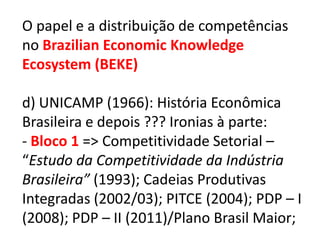 O papel e a distribuição de competências
no Brazilian Economic Knowledge
Ecosystem (BEKE)

d) UNICAMP (1966): História Econômica
Brasileira e depois ??? Ironias à parte:
- Bloco 1 => Competitividade Setorial –
“Estudo da Competitividade da Indústria
Brasileira” (1993); Cadeias Produtivas
Integradas (2002/03); PITCE (2004); PDP – I
(2008); PDP – II (2011)/Plano Brasil Maior;
 