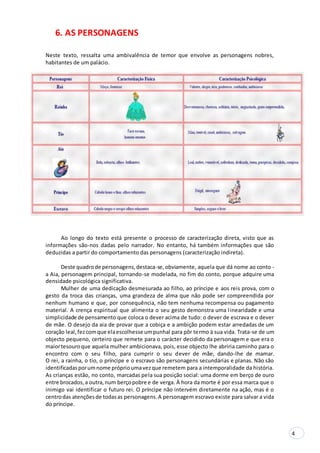 4
6. AS PERSONAGENS
Neste texto, ressalta uma ambivalência de temor que envolve as personagens nobres,
habitantes de um palácio.
Ao longo do texto está presente o processo de caracterização direta, visto que as
informações são-nos dadas pelo narrador. No entanto, há também informações que são
deduzidas a partir do comportamento das personagens (caracterização indireta).
Deste quadrode personagens,destaca-se,obviamente, aquela que dá nome ao conto -
a Aia, personagem principal, tornando-se modelada, no fim do conto, porque adquire uma
densidade psicológica significativa.
Mulher de uma dedicação desmesurada ao filho, ao príncipe e aos reis prova, com o
gesto da troca das crianças, uma grandeza de alma que não pode ser compreendida por
nenhum humano e que, por consequência, não tem nenhuma recompensa ou pagamento
material. A crença espiritual que alimenta o seu gesto demonstra uma linearidade e uma
simplicidade de pensamento que coloca o dever acima de tudo: o dever de escrava e o dever
de mãe. O desejo da aia de provar que a cobiça e a ambição podem estar arredadas de um
coração leal,fezcomque elaescolhesse umpunhal para pôr termo à sua vida. Trata-se de um
objecto pequeno, certeiro que remete para o carácter decidido da personagem e que era o
maiortesouroque aquela mulher ambicionava, pois, esse objecto lhe abriria caminho para o
encontro com o seu filho, para cumprir o seu dever de mãe, dando-lhe de mamar.
O rei, a rainha, o tio, o príncipe e o escravo são personagens secundárias e planas. Não são
identificadasporumnome próprioumavezque remetem para a intemporalidade da história.
As crianças estão, no conto, marcadas pela sua posição social: uma dorme em berço de ouro
entre brocados,a outra,num berçopobre e de verga. À hora da morte é por essa marca que o
inimigo vai identificar o futuro rei. O príncipe não intervém diretamente na ação, mas é o
centrodas atençõesde todasas personagens.A personagem escravo existe para salvar a vida
do príncipe.
 