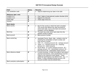 SAP R/3 FI Conceptual Design Example


Field                           Status   Remarks
Tax Jurisdiction code           D        • Used for determining tax rates in the USA

Reference data / area
Location no.1                   B        •   First 7 digits of International Location Number (ILN)
Location no.2                   B        •   Digits 8-12 of the ILN
Check digit                     B        •   Check digit of the ILN
Industry                        B

Bank details
Bank country                    B        •   Key for the country in which the bank is located.
                                             The country key defines the rules according to
                                             which bank data, such as the bank and account
                                             numbers, is to be validated.
Bank key                        B        •   The bank key under which bank data from the
                                             specific country is stored.
Bank account                    B        •   Bank account number

Bank control key                B        •   (example) France, Spain, Italy: contains a key for
                                             checking the combination of bank number and
                                             bank account number.
                                         •   USA: 01 – checking account; 02 – savings account
                                         •   Japan: 01 – savings account; 02 – checking
                                             account; 03 – other accounts.
                                         •   South Africa: 01 current (cheque) account; 02 –
                                             savings account; 03 – transmission account; 04 –
                                             bond account; 06 – subscription share account.
Bank reference details          B        •   In some countries, in order to be able to use certain
                                             payment transactions, extra specifications must be
                                             made for the customer's bank details. These
                                             additional specifications are defined here. E.g.: in
                                             Britain, if using a Building Society account, the
                                             account number must be entered here.
Bank correction authorisation   B




                                                     Page: 6 of 26
 