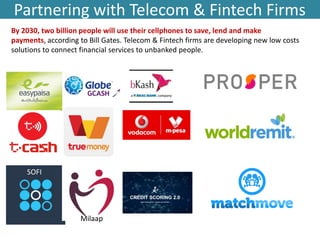 Partnering with Telecom & Fintech Firms
By 2030, two billion people will use their cellphones to save, lend and make
payments, according to Bill Gates. Telecom & Fintech firms are developing new low costs
solutions to connect financial services to unbanked people.
SOFI
Milaap
 
